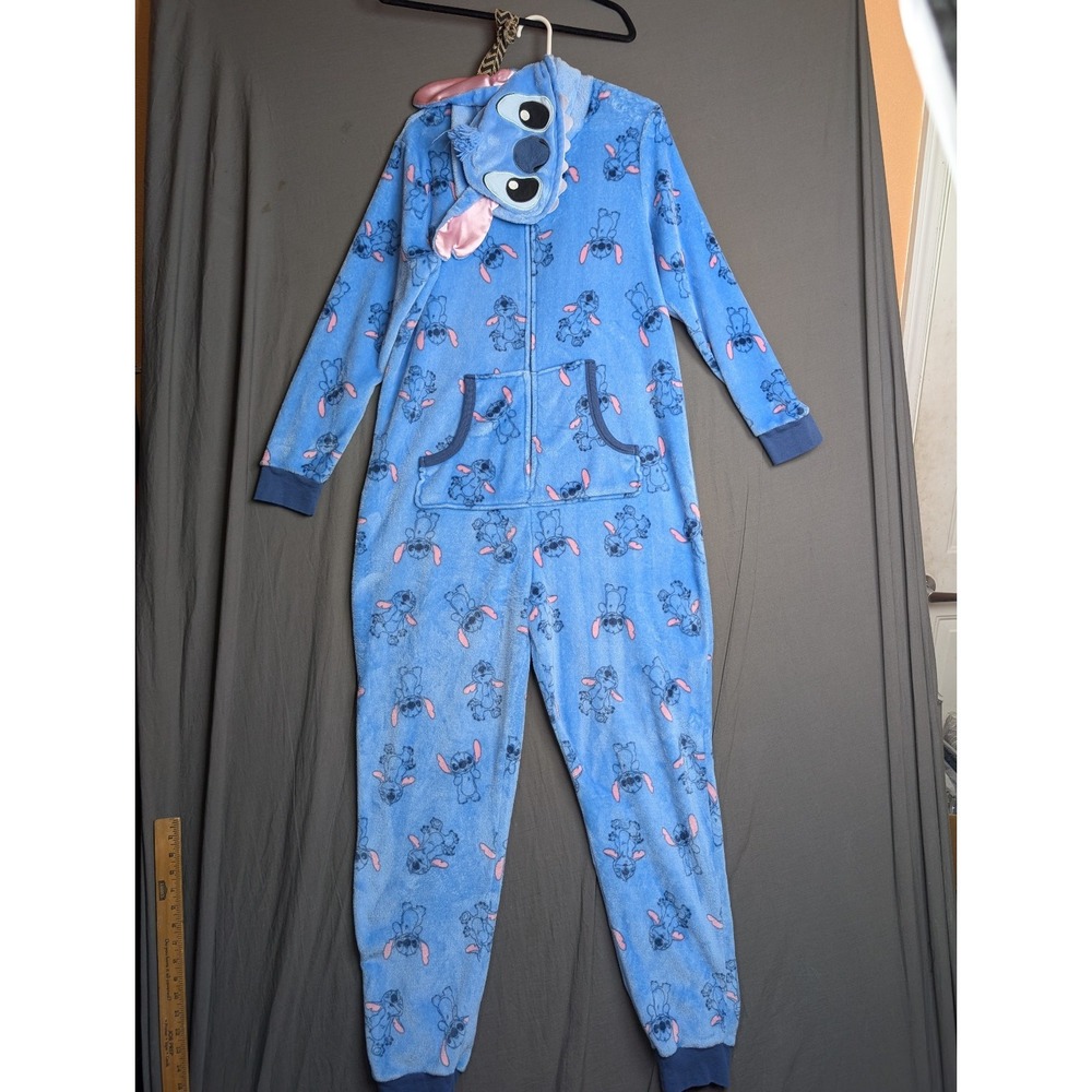 Disney Lilo‎ & Stitch Kids Size L  16-18 Hooded Pajamas Blue Fleece Jumpsuit
